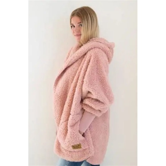Nordic Beach Sweaters - Nordic Beach Soft Cozy Body Wrap Pink Sherpa Hooded Cardigan One Size OS